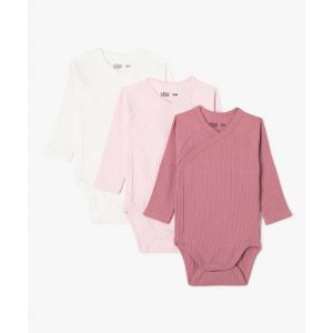 Body manches longues ouverture devant &agrave; c&ocirc;tes b&eacute;b&eacute; (lot de 3) - 3M - violet standard - GEMO