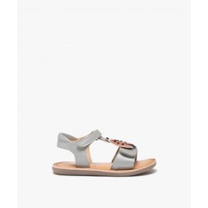 Sandales bébé fille en cuir avec brides scratch et animal en perles fantaisie - MOD8 - 26 - argente - MOD8