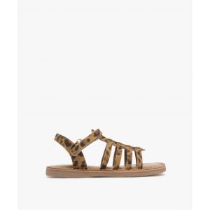 Sandales en cuir imprim&eacute; l&eacute;opard avec bride scratch fille  - 21 - marron fonce - GEMO