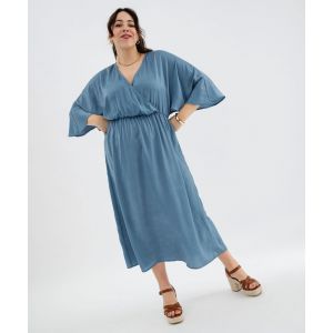 Robe longue en voile satin&eacute; &agrave; encolure cache-c&oelig;ur femme grande taille - 48 - bleu standard - GEMO
