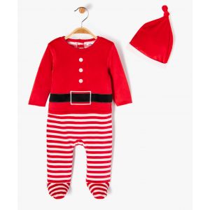Pyjama de No&euml;l velours avec bonnet b&eacute;b&eacute; - 1M - rouge standard - GEMO