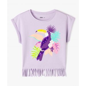 Tee-shirt &agrave; manches courtes avec motif sequins et franges fille - GEMO