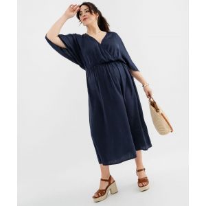 Robe longue en voile satin&eacute; &agrave; encolure cache-c&oelig;ur femme grande taille - 50 - bleu fonce - GEMO