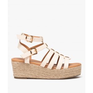 Sandales femme à talon compensé en corde avec multi-brides montantes - GEMO