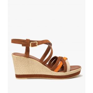 Sandales femme à talon compensé avec brides multicolores en cuir suédé - 38 - marron standard - GEMO