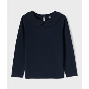 Tee-shirt manches longues avec col Claudine fille - 10A - marine - GEMO