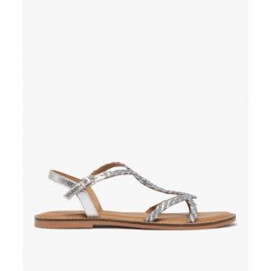 Sandales en cuir à brides tressées et talon plat femme - 37 - bleu clair - GEMO