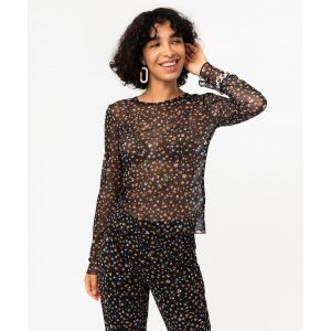 Tee-shirt &agrave; manches longues en voile &agrave; motifs fleuris femme - L - noir - GEMO