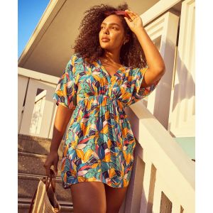 Robe de plage courte en viscose &agrave; encolure V et d&eacute;coupes c&ocirc;t&eacute;s femme - XL - multicolore - GEMO