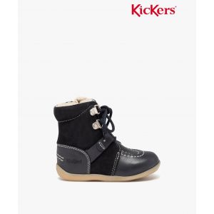 Boots b&eacute;b&eacute; gar&ccedil;on dessus en cuir uni fourr&eacute;es sherpa - Kickers - 23 - bleu fonce - KICKERS