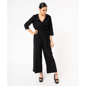 Combinaison pantalon fluide à manches 3/4 et col cache-cœur femme - 34 - noir standard - GEMO