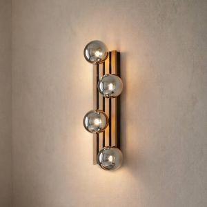 Applique murale Lindby Woodora, bois, verre, gris fum&eacute;, &agrave; 4 lampes