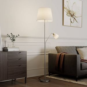 Lindby lampe sur pied Nantwin, 175 cm, blanc, nickel, textile