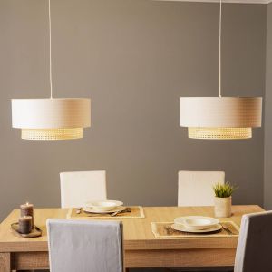 Duolla Suspension Boho, à 2 lampes, textile, blanc crème/rotin