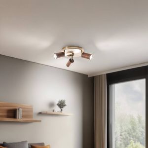Lucea Spot pour plafond Legno, rond, à 3 lampes, brun / laiton, bois