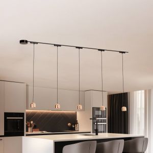Lindby Système de lampes sur rail Lumaro, suspension, à 5 lampes, doré, 48V, intensité