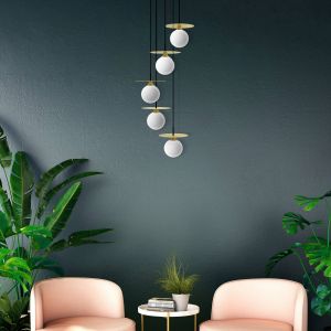 Aluminor Cascade suspension, &agrave; 5 lampes, dor&eacute;e