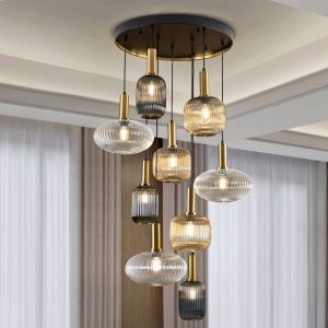 Schuller Valencia Suspension Norma, Ø 80 cm, à 9 lampes, noir/laiton, verre