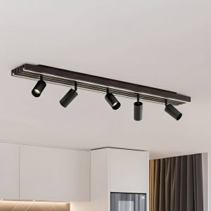 Spot pour plafond LED Lucande Tiron, &agrave; 5 lampes, 100 cm, ch&ecirc;ne
