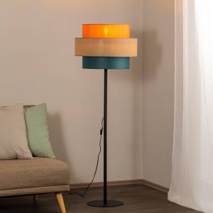 TK Lighting Lampe sur pied Trio, abat-jour en jute, orange/brun naturel/p&eacute;trole
