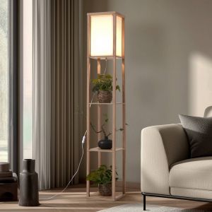Lindby lampe sur pied Birta, couleur bois/blanc, &eacute;tag&egrave;re, bois