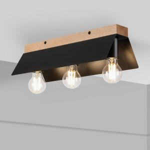 Lamkur Lighting Plafonnier Esme, noir, longueur 40 cm, métal/bois, à 3 lampes