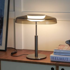 Oluce Lampe de table LED Dora, nickel/gris fumé, métal, PMMA