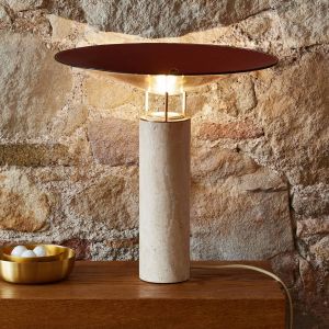 Carpyen Lampe de table LED Rebound, travertin, cuir brun