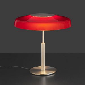 Oluce Lampe de table LED Dora, dorée, rouge, métal, PMMA