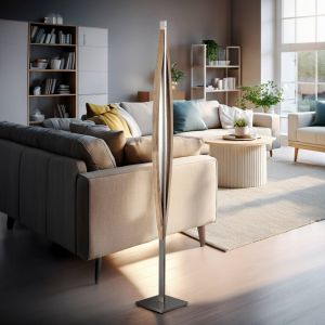 Quitani Lampe sur pied LED Kiera, chêne/nickel mat