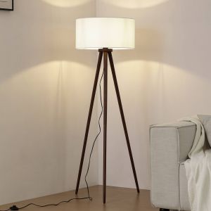 Lampe sur pied Lindby Charlia, blanc, bois de noyer, hauteur 150 cm