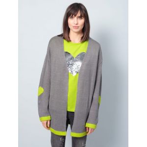 Gilet maille à motif cœur AMY VERMONT Gris clair/Vert citron