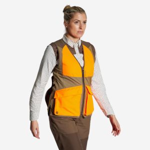 GILET CHASSE FEMME 500 LEGER RESPIRANT MARRON/FLUO - SOLOGNAC