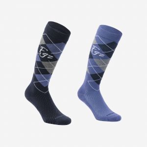 Chaussettes d'&eacute;quitation 500 adulte losanges bleu / bleu com&egrave;te