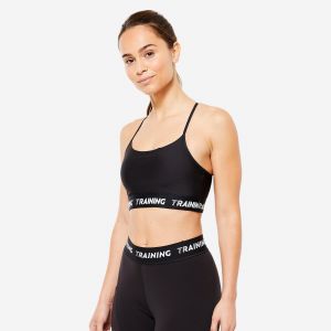 Brassière bretelles fines croisées maintien léger Femme, Noir - DOMYOS