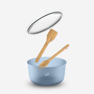 Saladier en plastique 3,5L avec couvercle et couverts en bois, 4 &eacute;l&eacute;ments