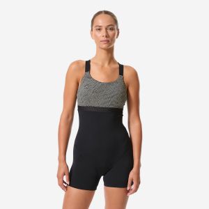 Maillot de bain 1 pi&egrave;ce aquagym aquabike shorty femme, Elea sono noir beige