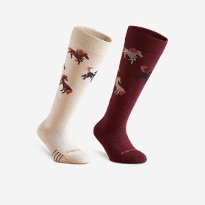 Chaussettes d'équitation enfant sks 500 motifs bourgogne lin. lot de 2 - FOUGANZA