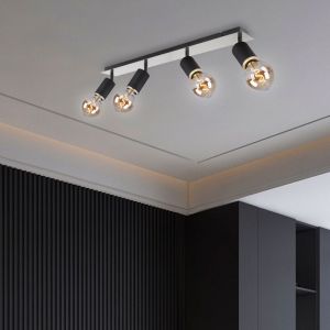 Plafonnier, quatre spots, spot de plafond, barre Spot orientable, noir, m&eacute;tal, bois, 4x douilles E27, LxlxH 80x10x18 cm