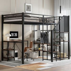 Lit mezzanine 120x200cm fer noir/bois vieilli, avec penderie d'angle, table, &eacute;tag&egrave;re et rangements int&eacute;gr&eacute;s (sans Matelas)