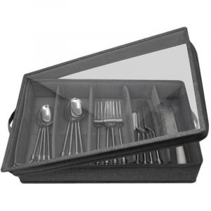 (Gris)Rangement des Couverts et Ustensiles - Bo&icirc;Te de Rangement pour Argenterie avec S&eacute;Parateur R&eacute;Glable, &eacute;Tui de Rangement pour