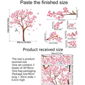 Shining House - Stickers muraux cerisier fleurs roses arbres stickers muraux oiseaux et branches d&eacute;coration murale