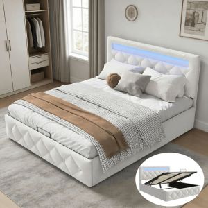 Lit adulte capitonn&eacute; 160x200 cm avec rangement hydraulique, Lit coffre 160x200 cm avec sommier LED, Cadre de lit double, Velours, Blanc