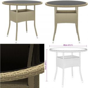 Table de jardin Ø80x75 cm Verre trempé/résine tressée Beige - Table De Jardin - Table Extérieure - Mobilier De Jardin - Table Ronde - Table En Résine