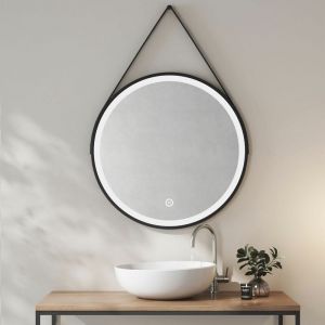 Heilmetz - led Miroir de salle de bain rond cadre noir avec bandoulière réglable Interrupteur tactile - Diamètre 80cm Lumière Blanche Froide