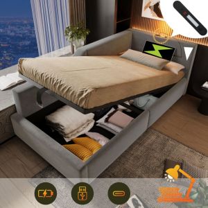 Canapé-lit 90x190 cm lit coffre lit enfant avec rangement, lampe de lecture, chargement usb-c et sommier à lattes, velours gris, sans matelas