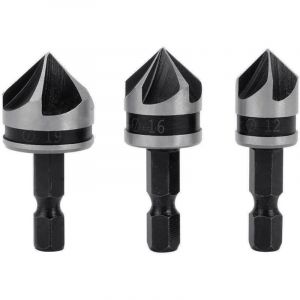 NOLUXA 3pcs 1/4" Hex HCS Fraise &agrave; Chanfreiner 5 Fl&ucirc;te Foret Embouts pour phanfreiner &Eacute;vier &agrave; Fraise Conique 12mm/16mm/19mm Pour Bois M&eacute;tal