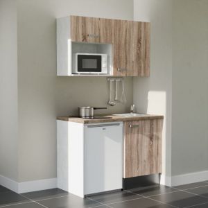 Cuisibane - Kitchenette K07L-PT - 120 cm avec plan de travail et évier, emplacements frigo et micro-ondes - Façade Bois - Plan Bois - Evier Inox
