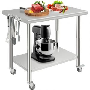 Hoerfuriy - Table de Travail à Roulettes inox Cuisine,avec 2 Etagères, Hauteur de Couche Inférieure Réglable, 4 Roues en PU,91x61x90cm