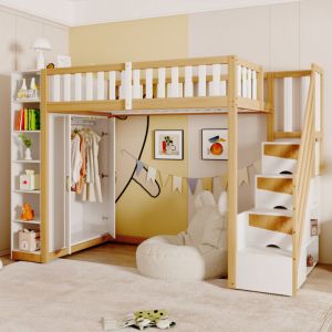 Lit mezzanine enfant en bois 90x200cm avec &eacute;chelle de rangement, &eacute;tag&egrave;re + penderie, antichute, sans matelas, blanc+naturel